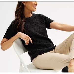 Croft & Barrow‎ Black Diamond Knit Top Roll Tab Sleeve Casual Blouse Size S NWT